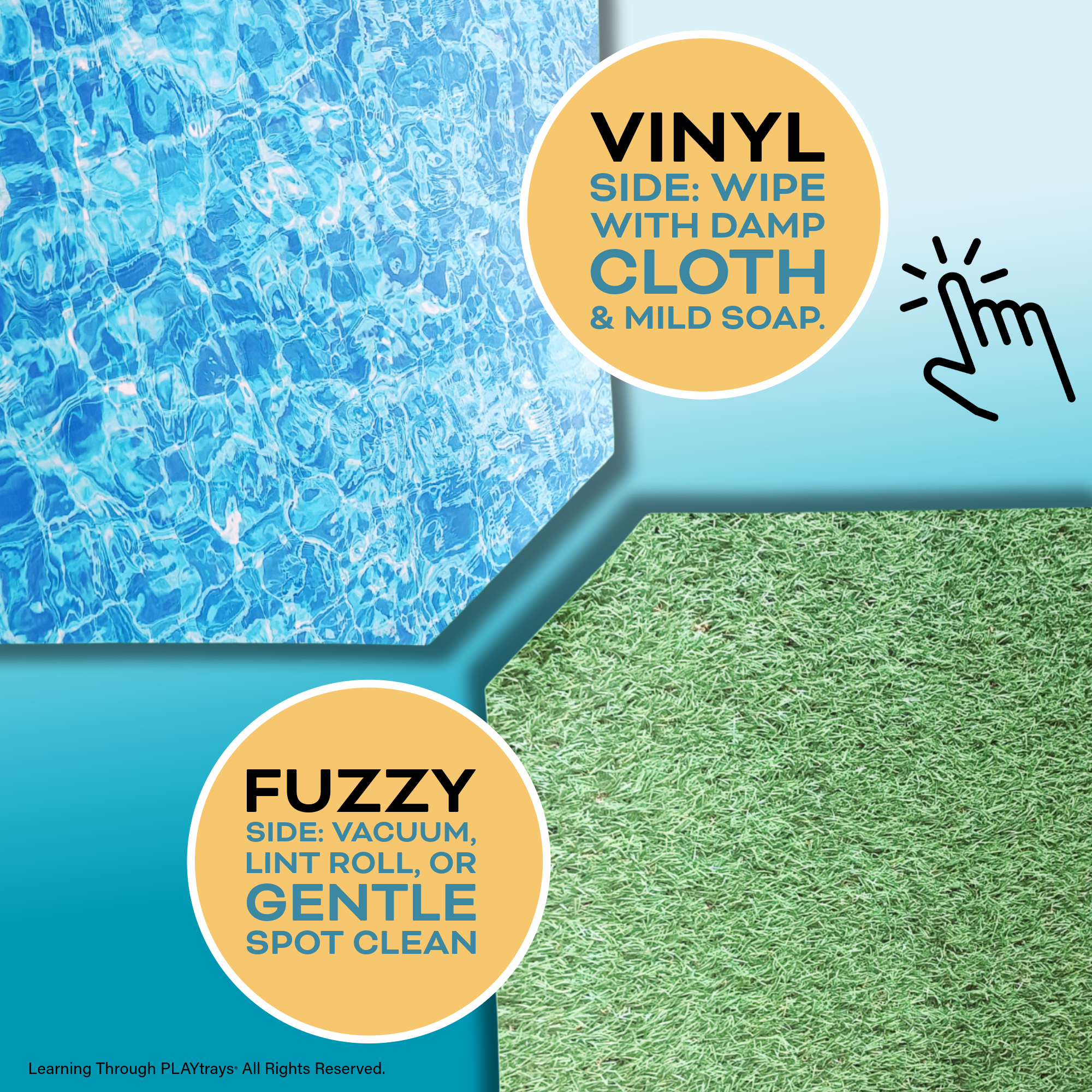 Double-sided large tuff tray insert insert with smooth vinyl water texture and fuzzy felt grass texture for sensory and imaginative play.