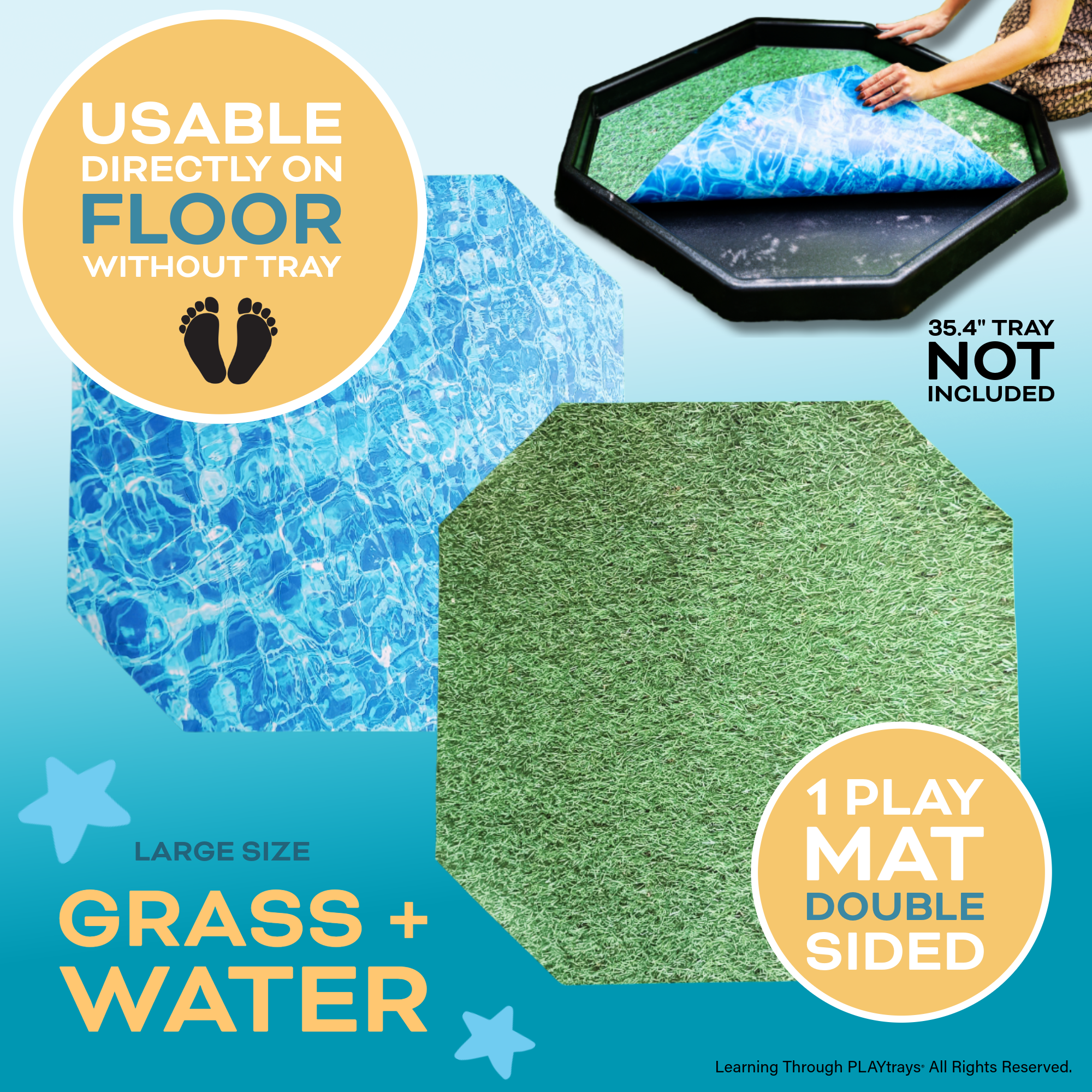 Double-sided large play mat insert with grass texture on one side and water texture on the other, usable on floor or in tray for sensory play.