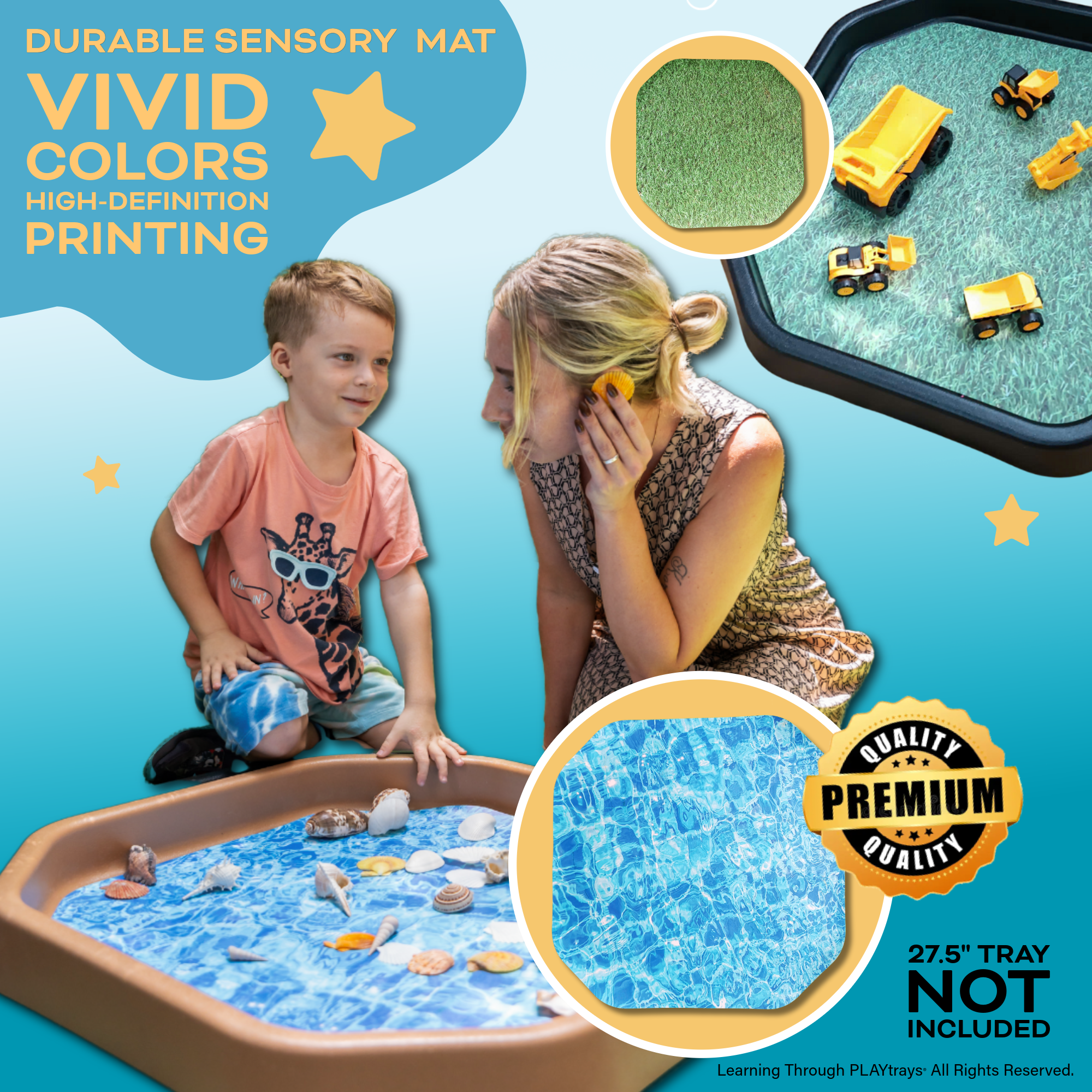 Small double-sided sensory play mat insert with grass felt and water vinyl textures for toddlers and kids.