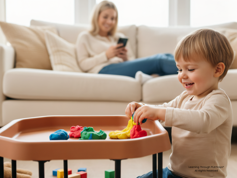 Child playing with colorful toys on a play tray in a living room, with a woman using a phone in the background.