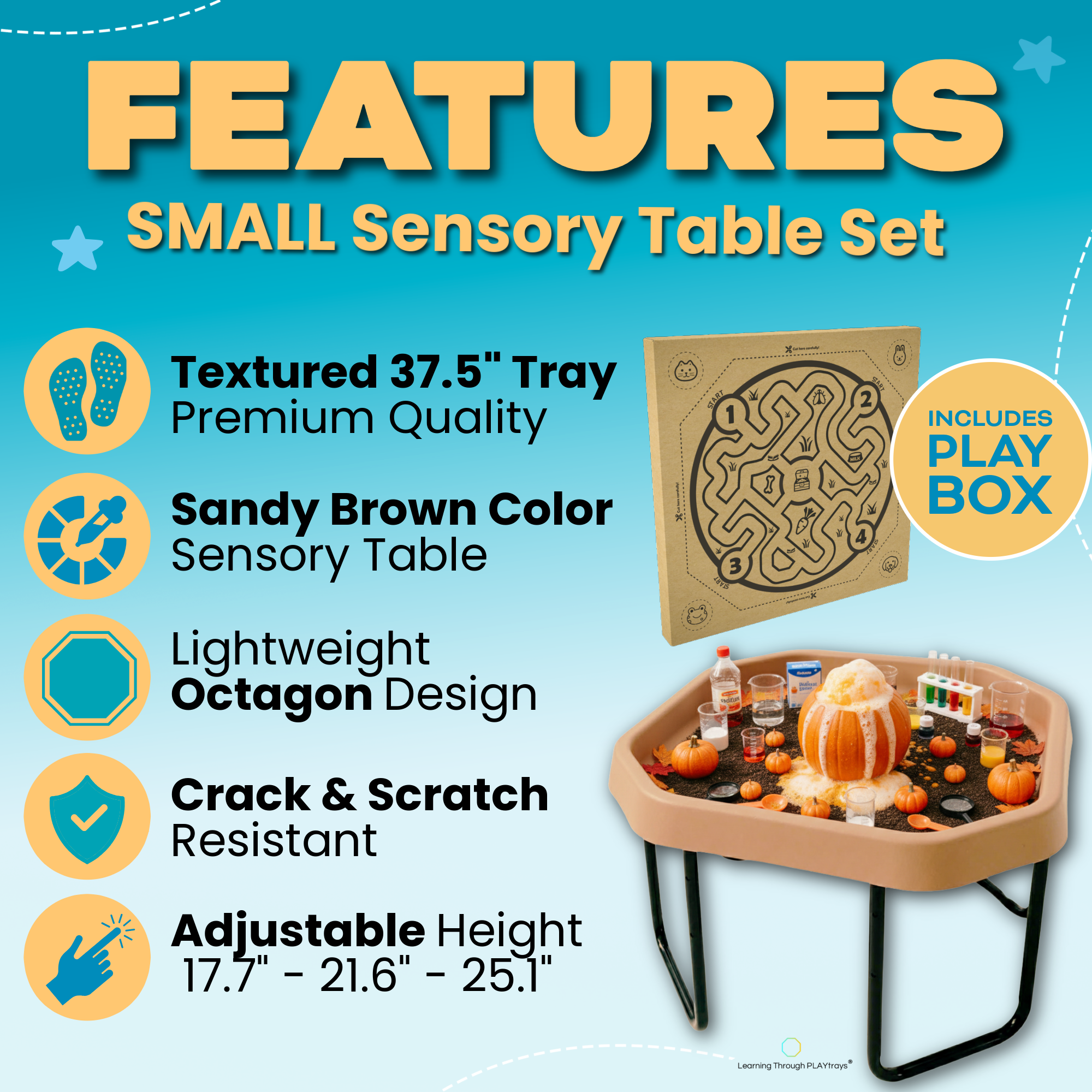 Sand brown Tuff Tray table showing full size for pumpkin sensory play and product box displayed behind 