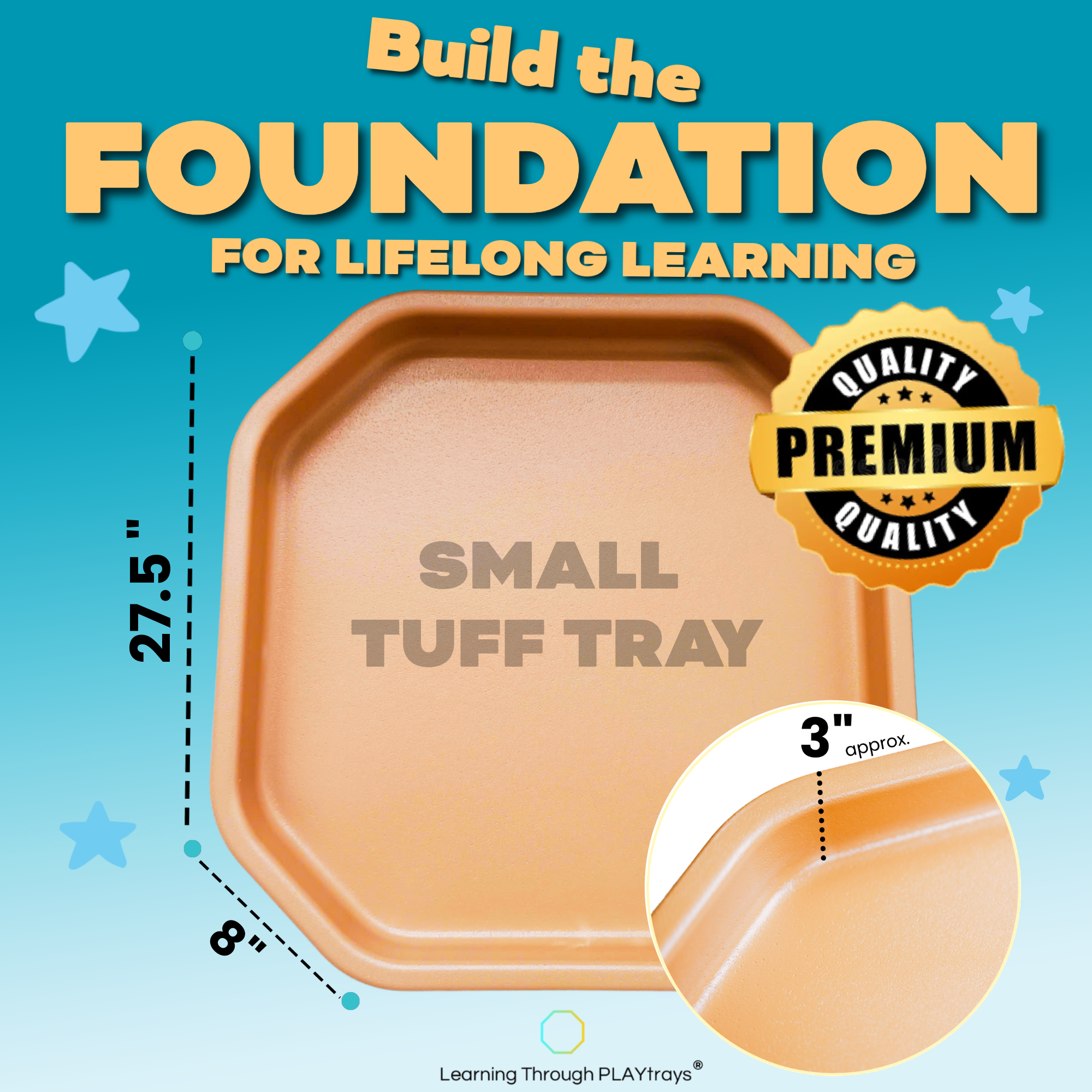 Small Tuff Tray with dimensions and quality badge on a blue background