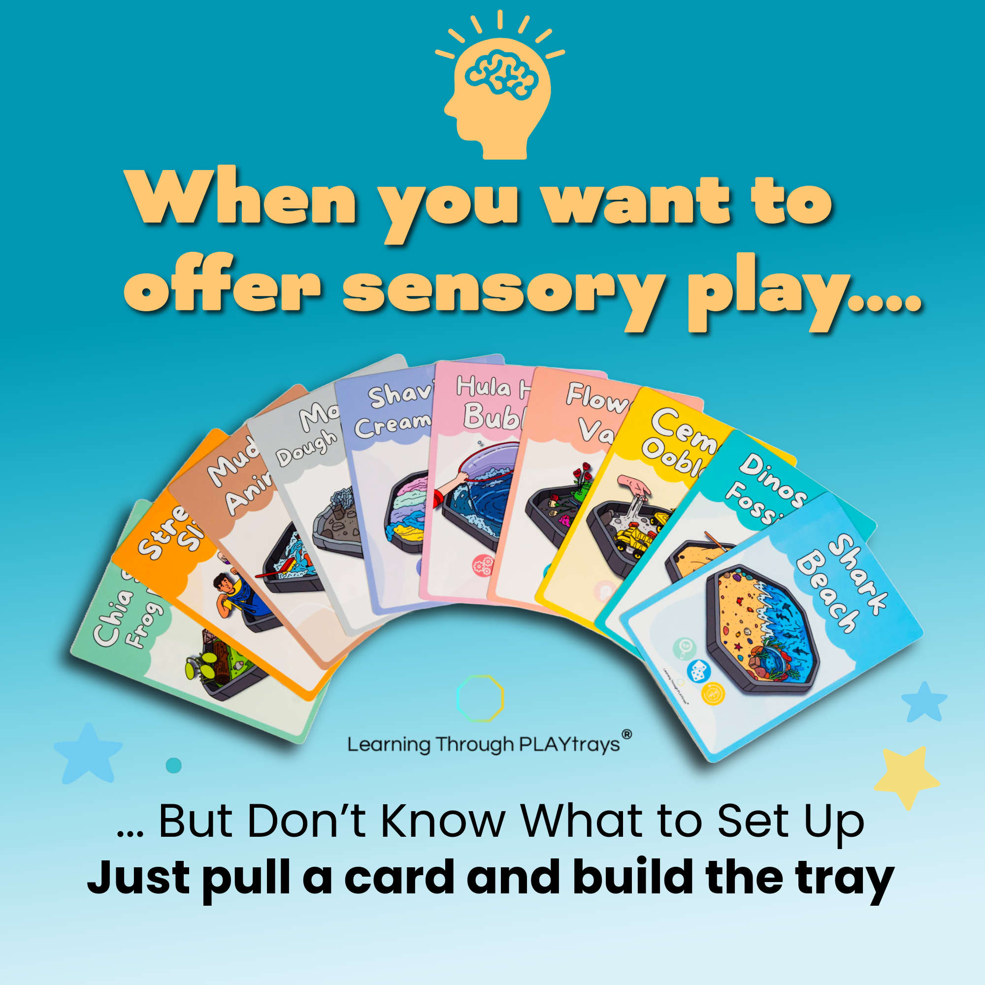 Set of colorful cards with sensory play descriptions featuring Learning Through PLAYtrays branding.