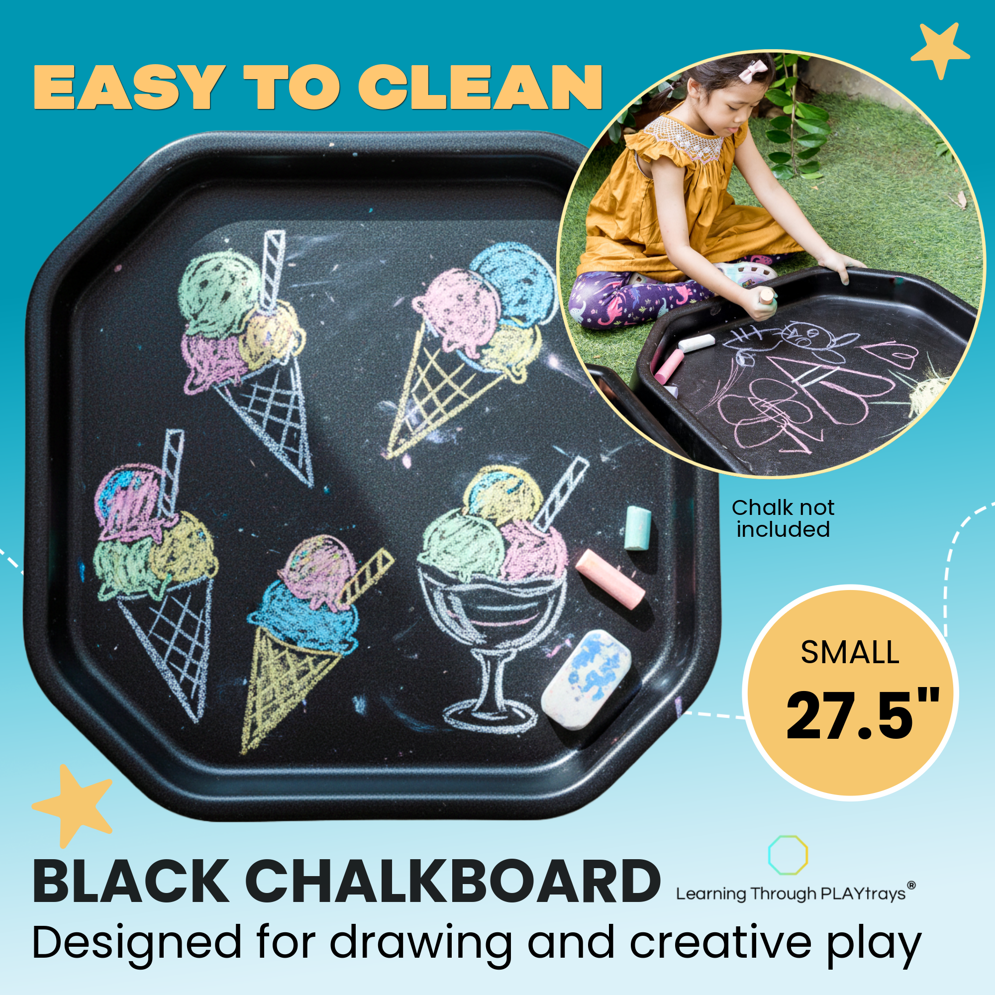 Children drawing with chalk inside small black Tuff Tray