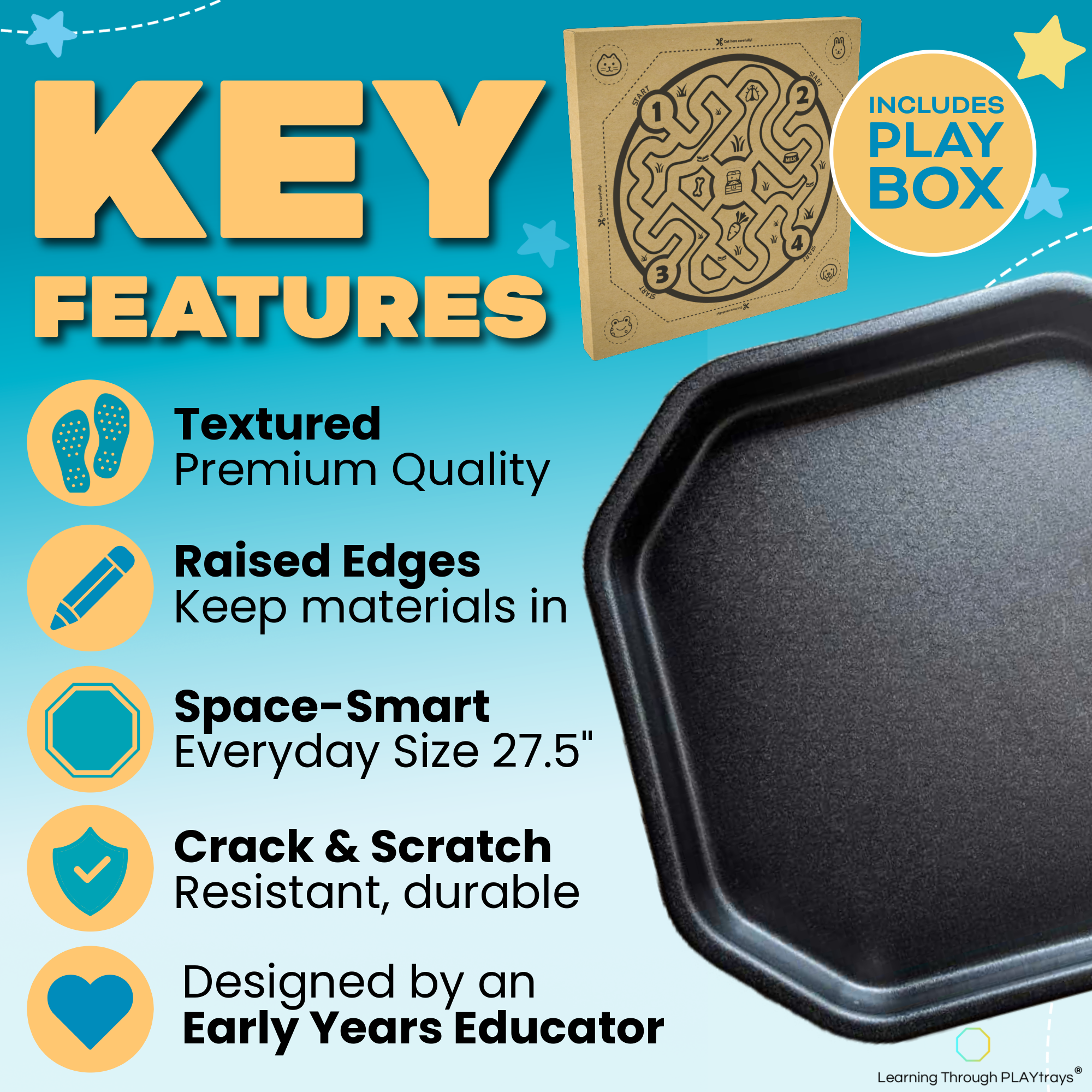 Key features of small black Tuff Tray for sensory play and classroom use