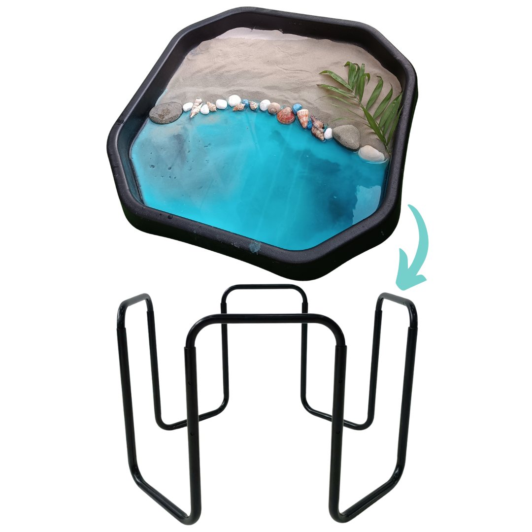 Small black Tuff Tray table set filled with sand and water for sensory play