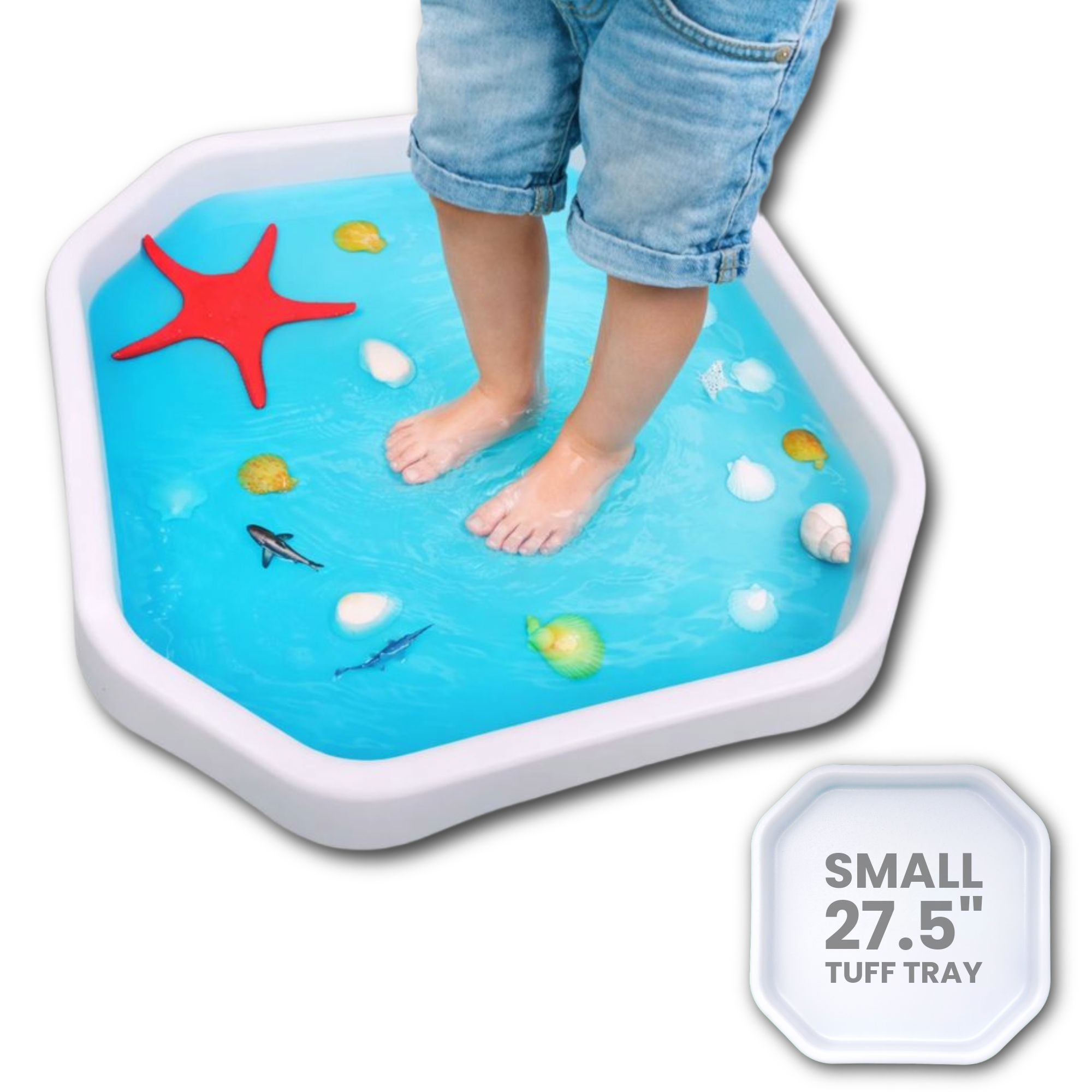 Child stepping into small milky white Tuff Tray during water sensory play