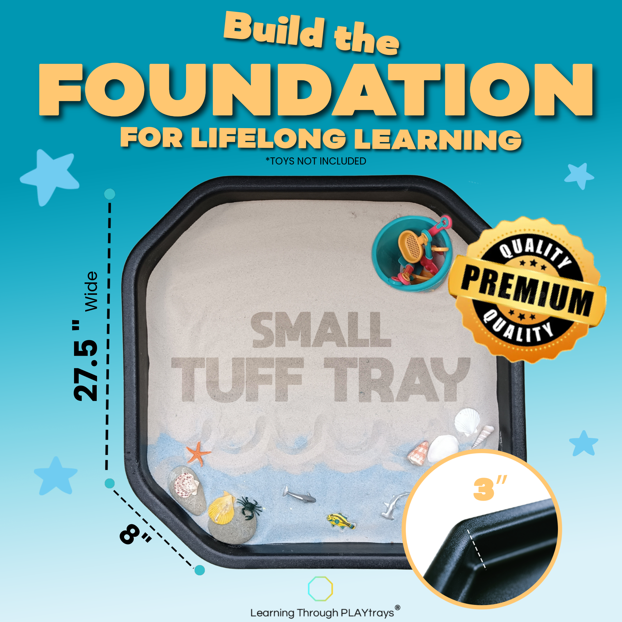 Small Tuff Tray with dimensions and quality badge on a blue background