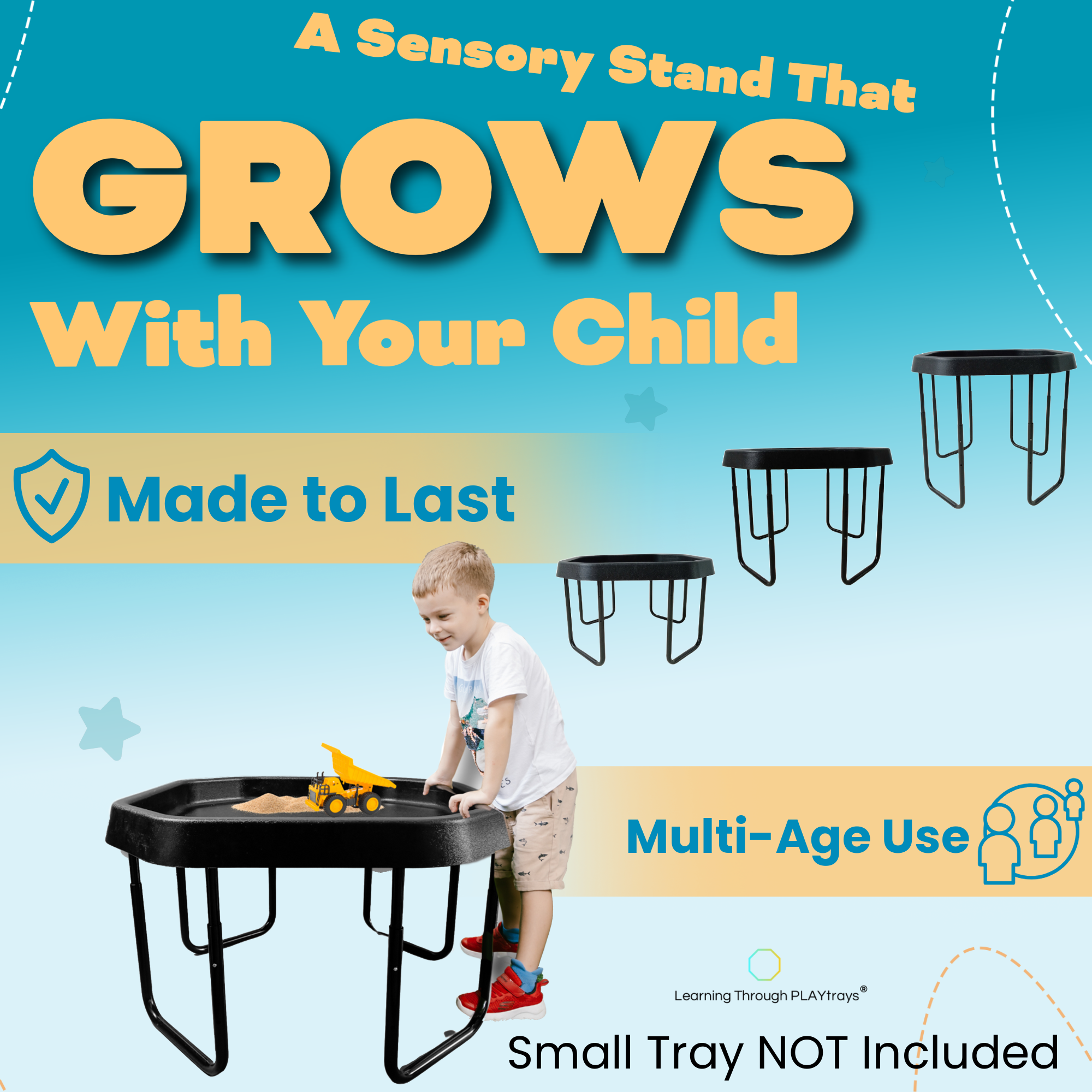 Small Tuff Tray on stand used for sensory sand truck play in classroom with child 