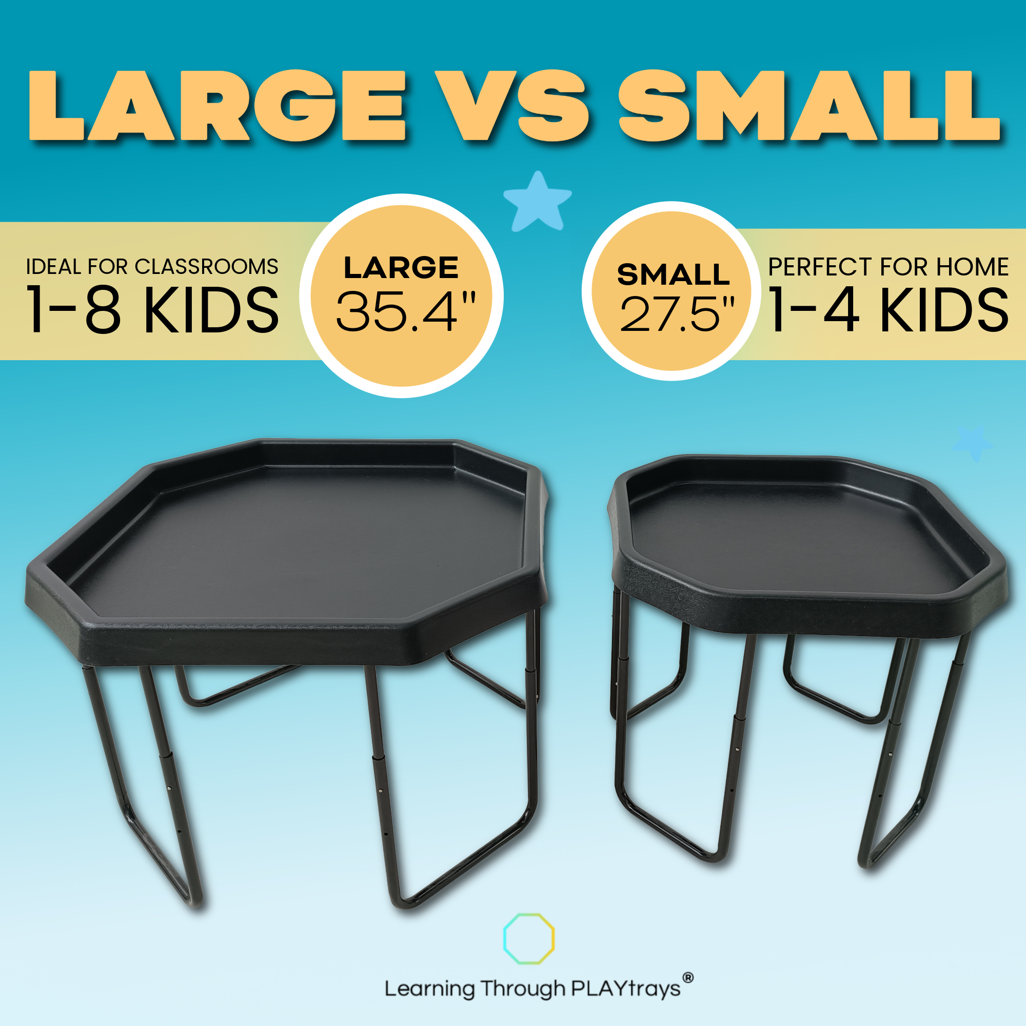 Two black play trays, one large and one small, with size comparison text on a blue background.