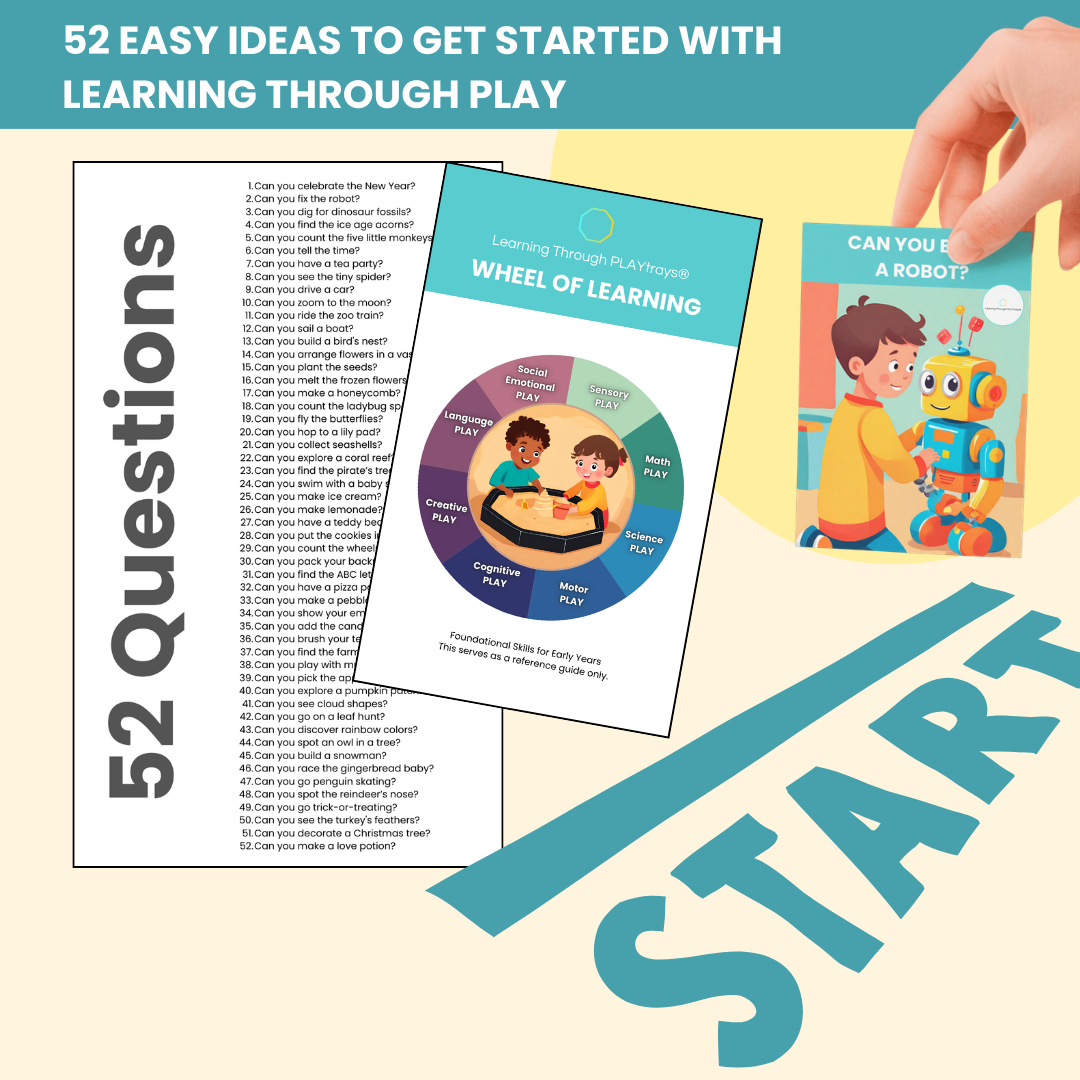 Educational materials for learning through play with a hand holding a book titled 'Can You Build a Robot?'.