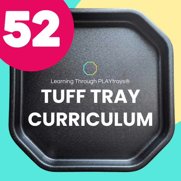Black tray with 'Tuff Tray Curriculum' text and colorful background