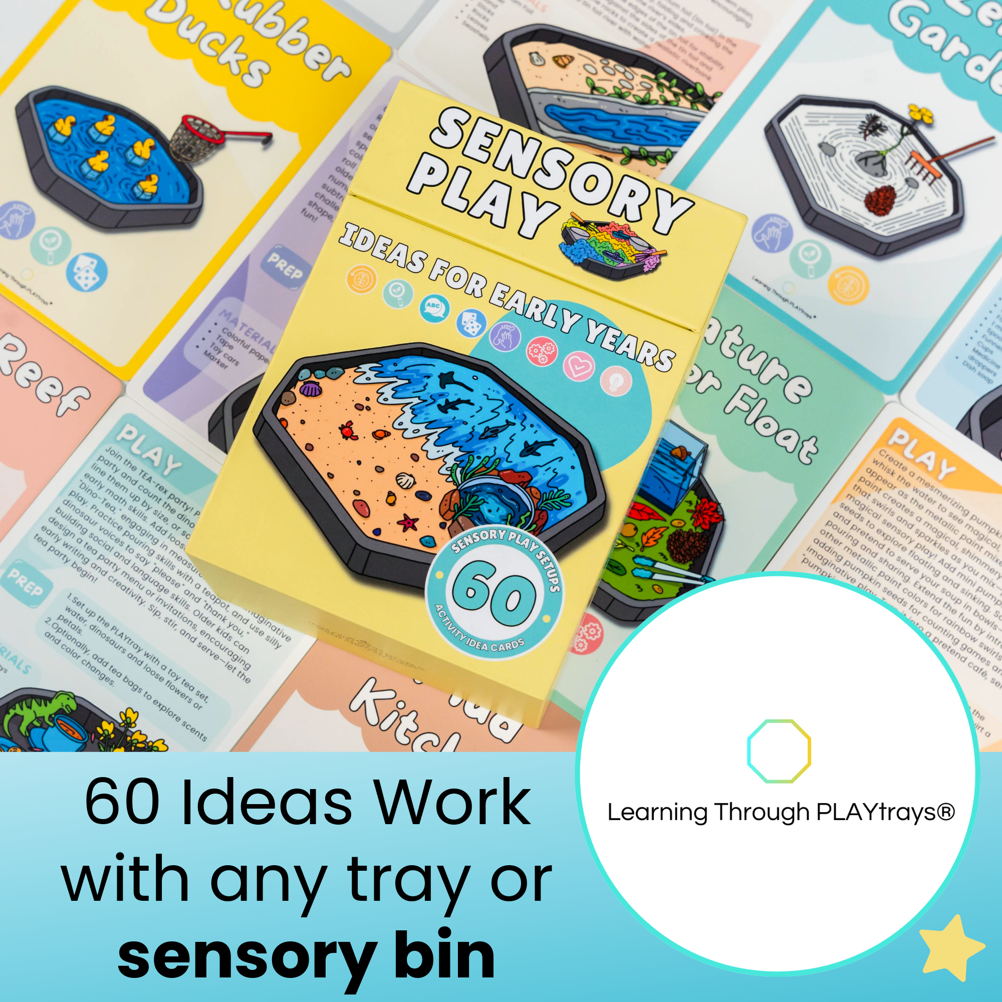 Sensory play activity book with colorful illustrations and activity cards for Tuff Tray 