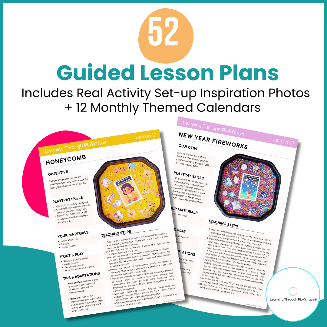 Guided Lesson Plans for tuff trays with activity setup inspiration photos and themed calendars 