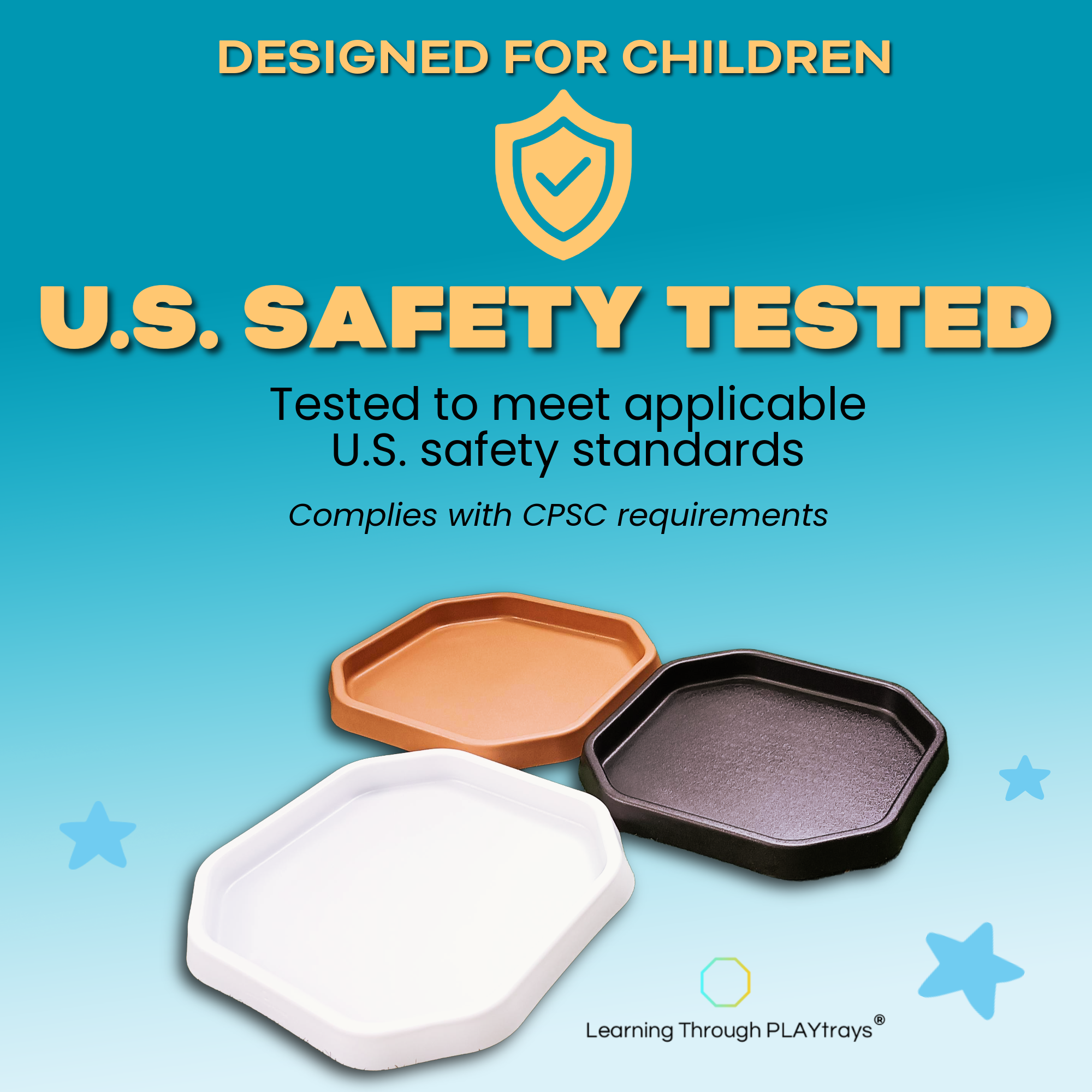 Three colorful tuff trays on a blue background with safety testing information.