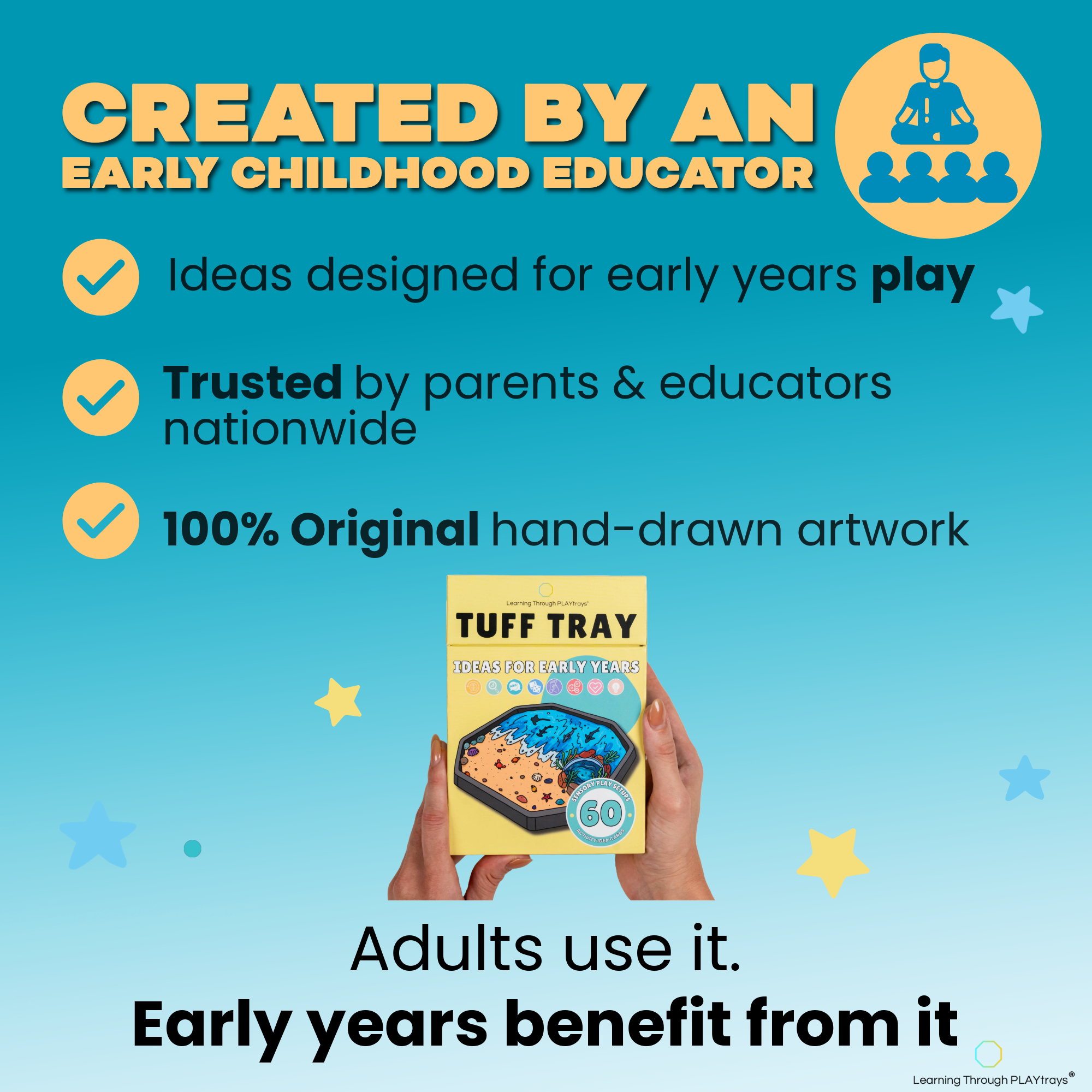 Advertisement for Tuff Tray with text about its creation by an early childhood educator and features.