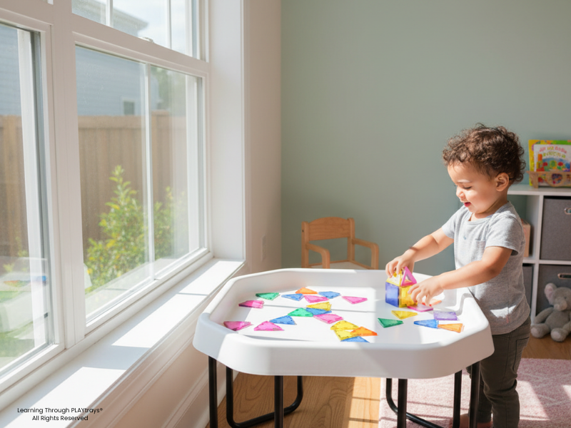 Child playing with colorful toys on a table in a bright room with large windows.
