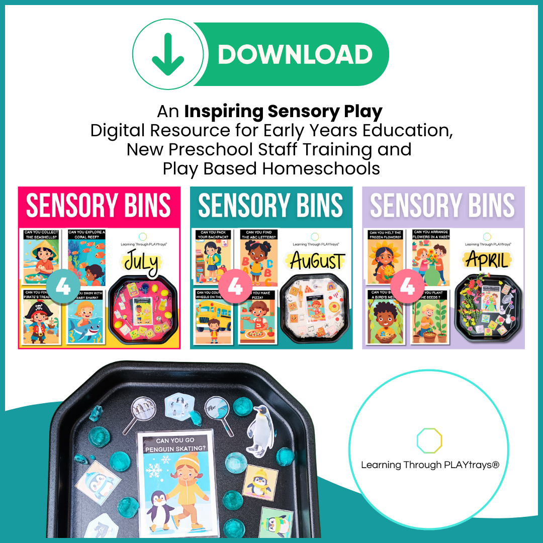 Promotional image for Sensory Bins digital resource with educational materials and a download button.