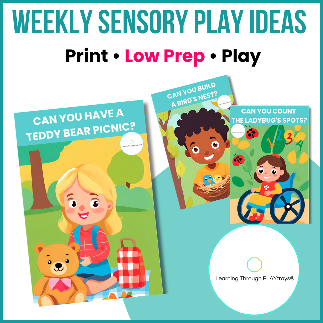 Three children's books with colorful covers on a blue background, promoting 'Weekly Sensory Play Ideas'.
