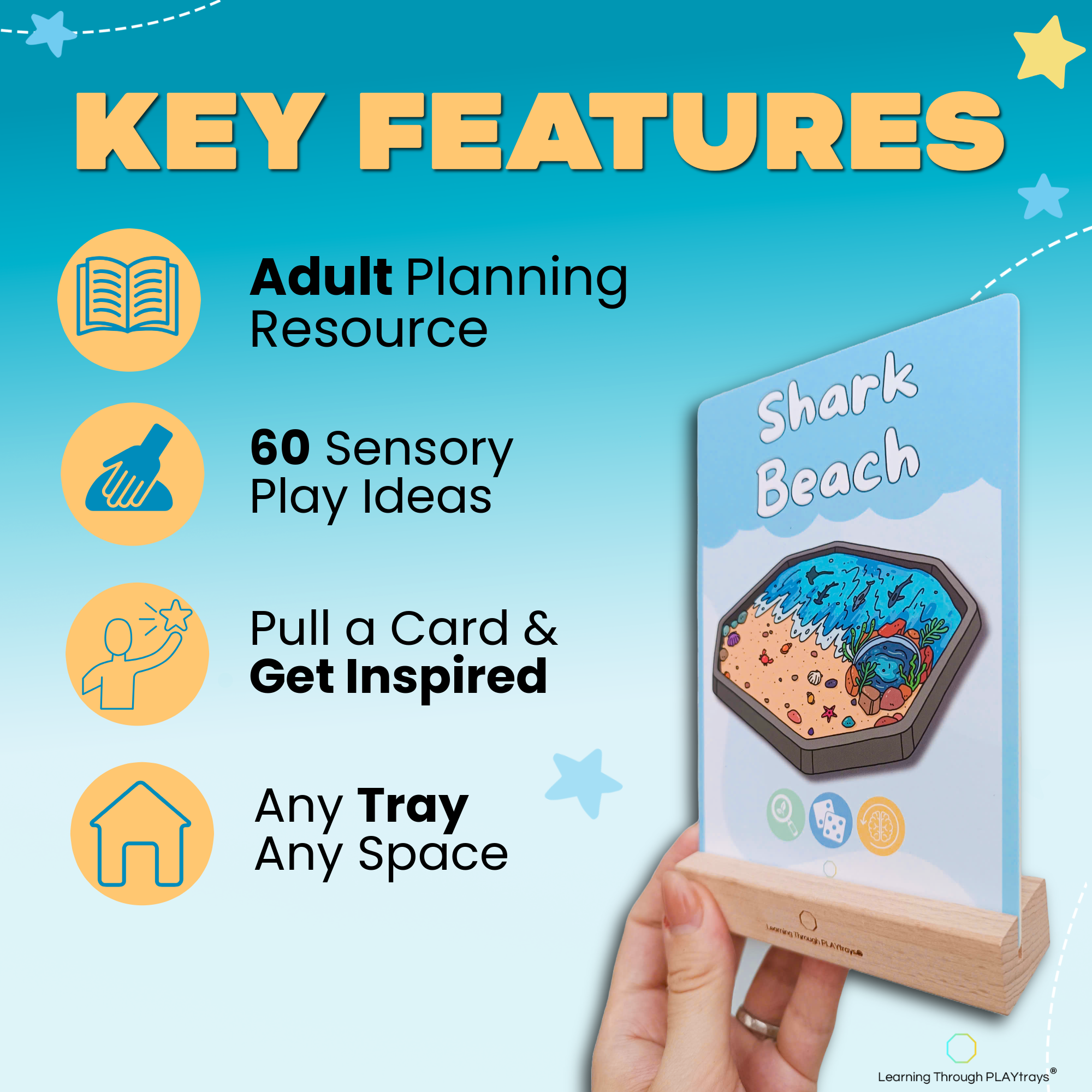 Tuff Tray Card with 'Shark Beach' theme and key features listed on a blue background