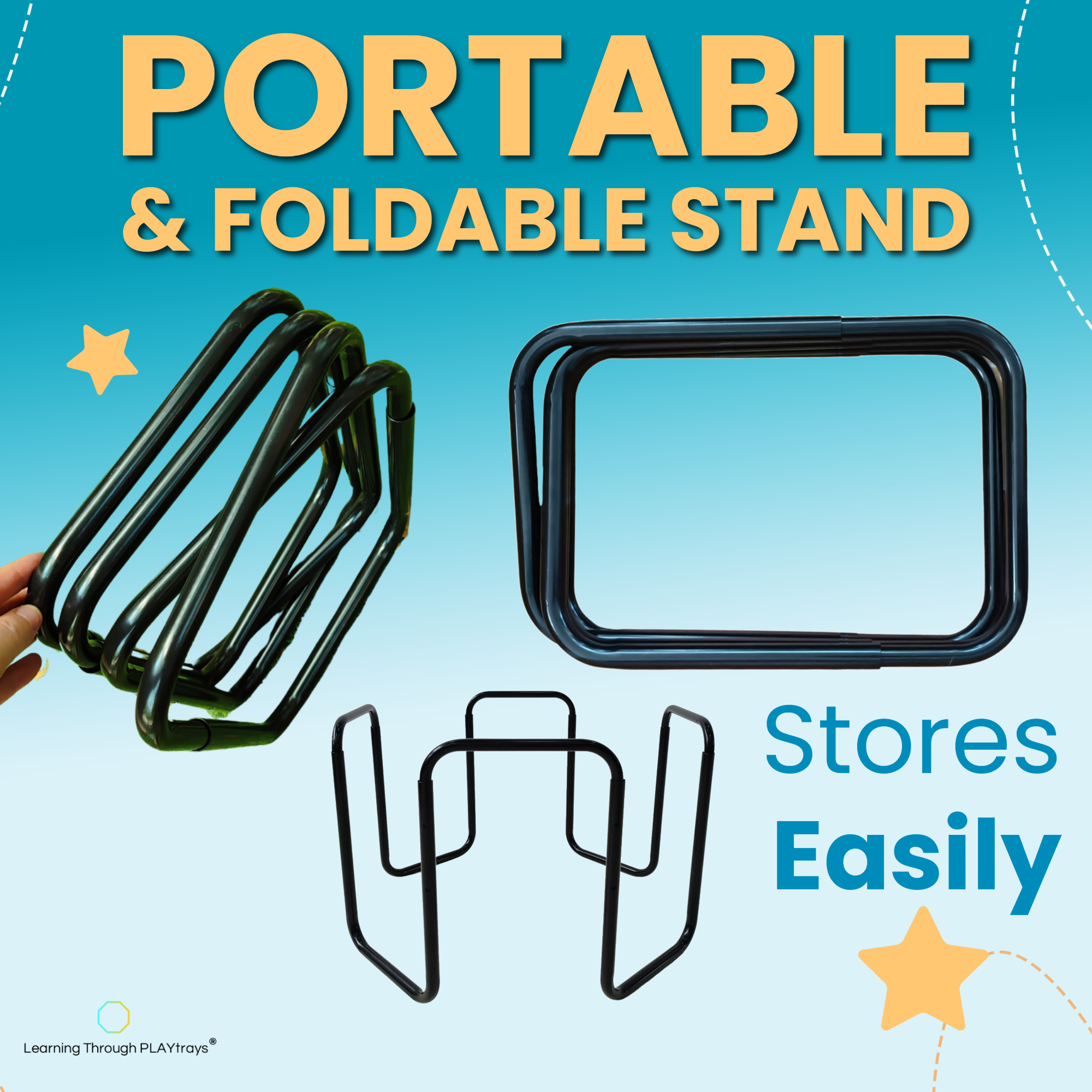 Portable and foldable stand with text on a blue background