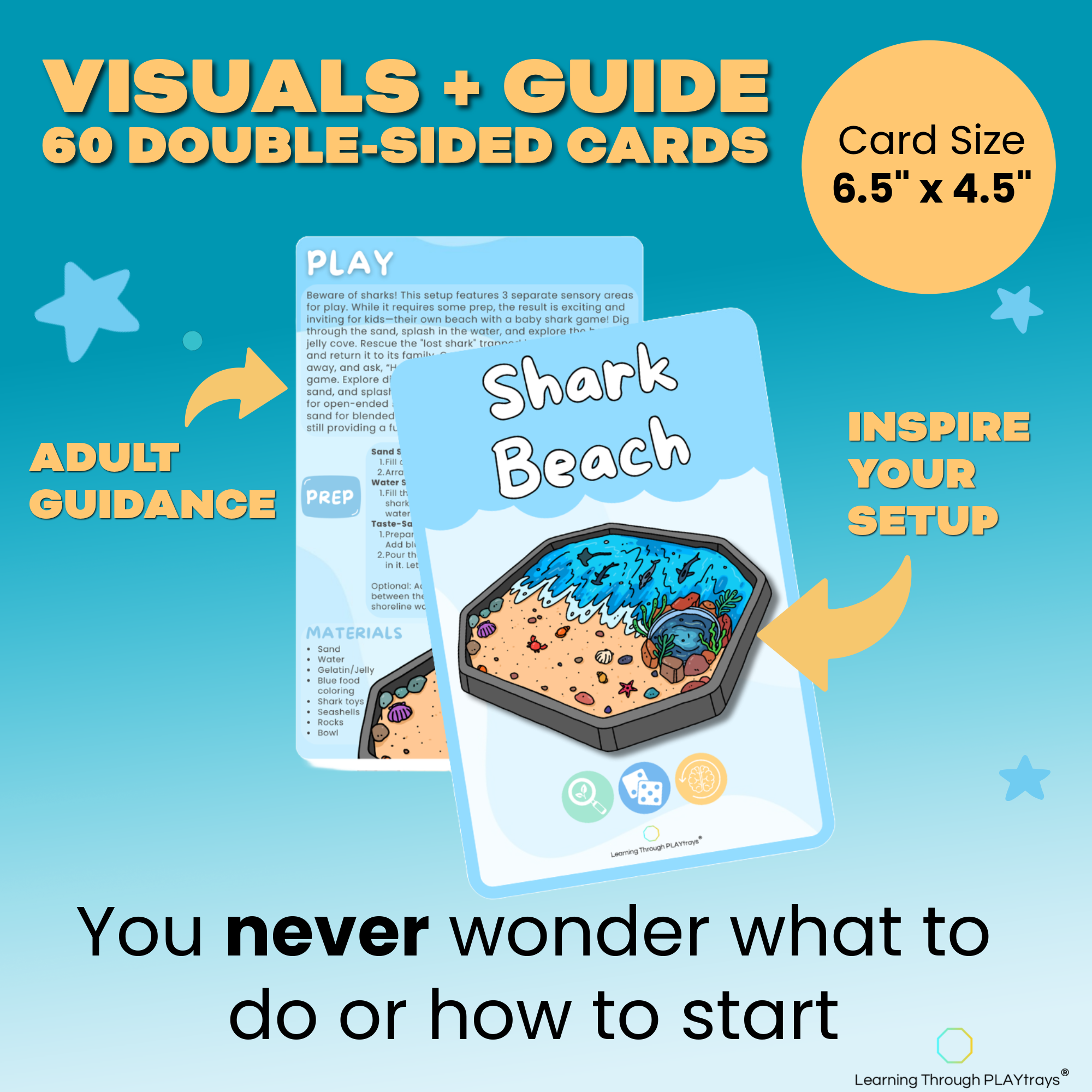 Shark Beach playset with instructions for a STEM sensory play idea card for Tuff Tray activity
