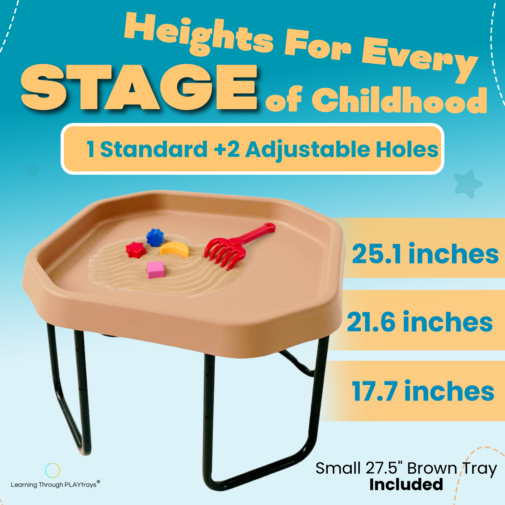 Children's play table with adjustable height features and sand toys for Reggio sensory play 