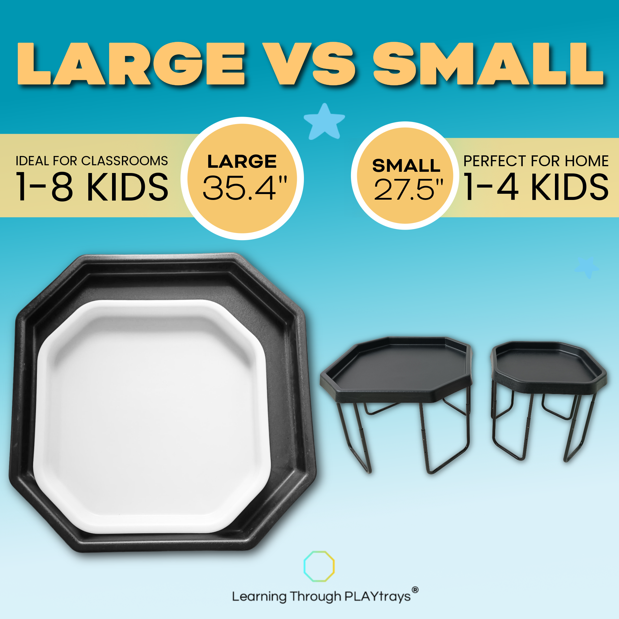 Comparison of large and small play trays or Tuff Tray table size for classroom and home