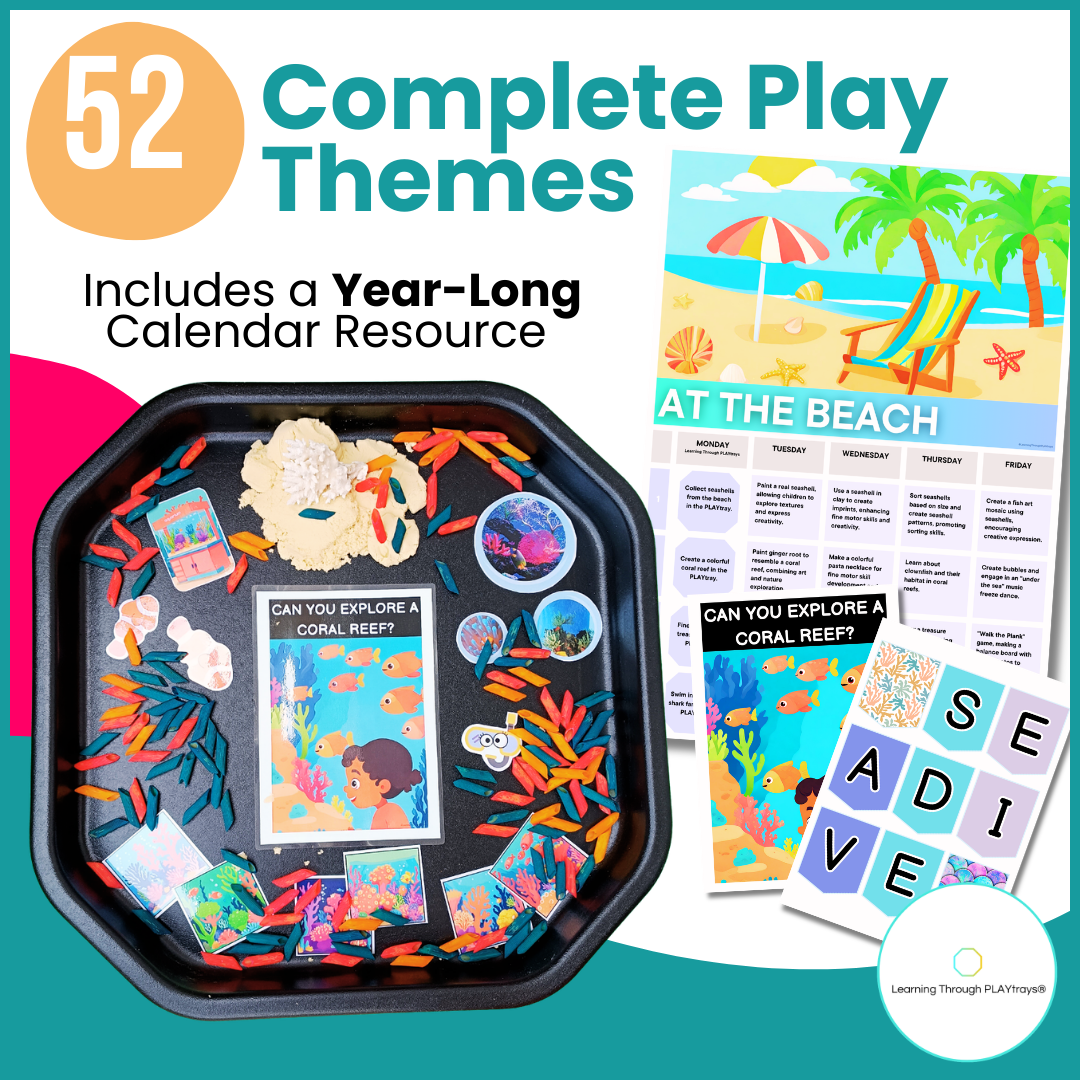 Educational materials for children with play themes and a calendar resource on a blue background