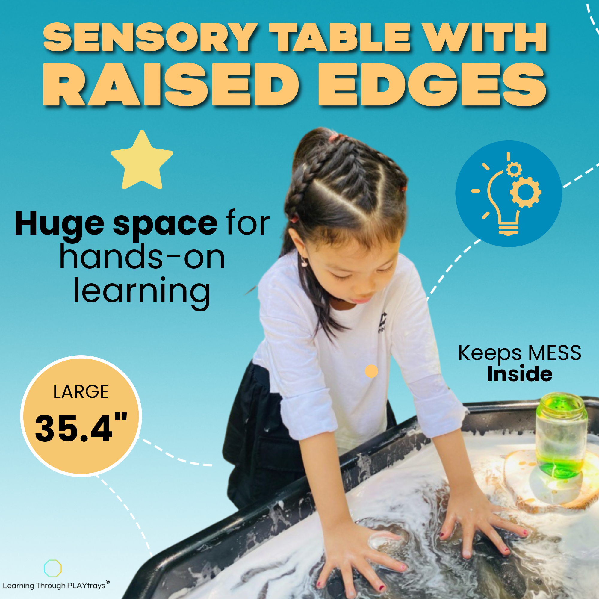 Child playing with a sensory water science table with raised edges. 