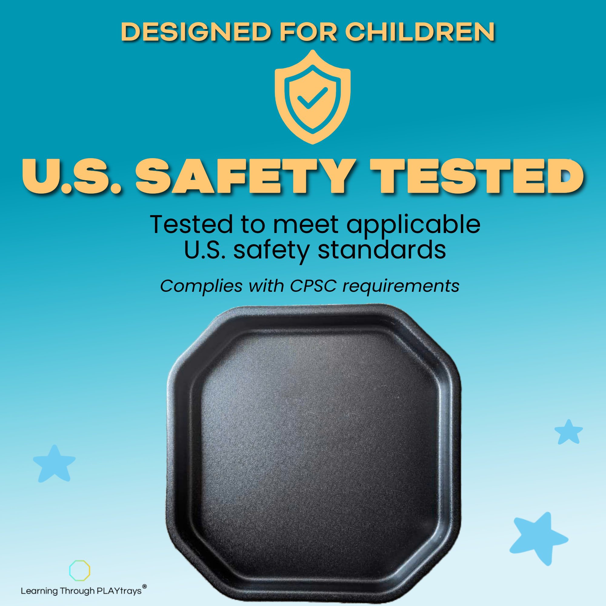 Black sensory tray with U.S. safety testing and compliance information on a blue background
