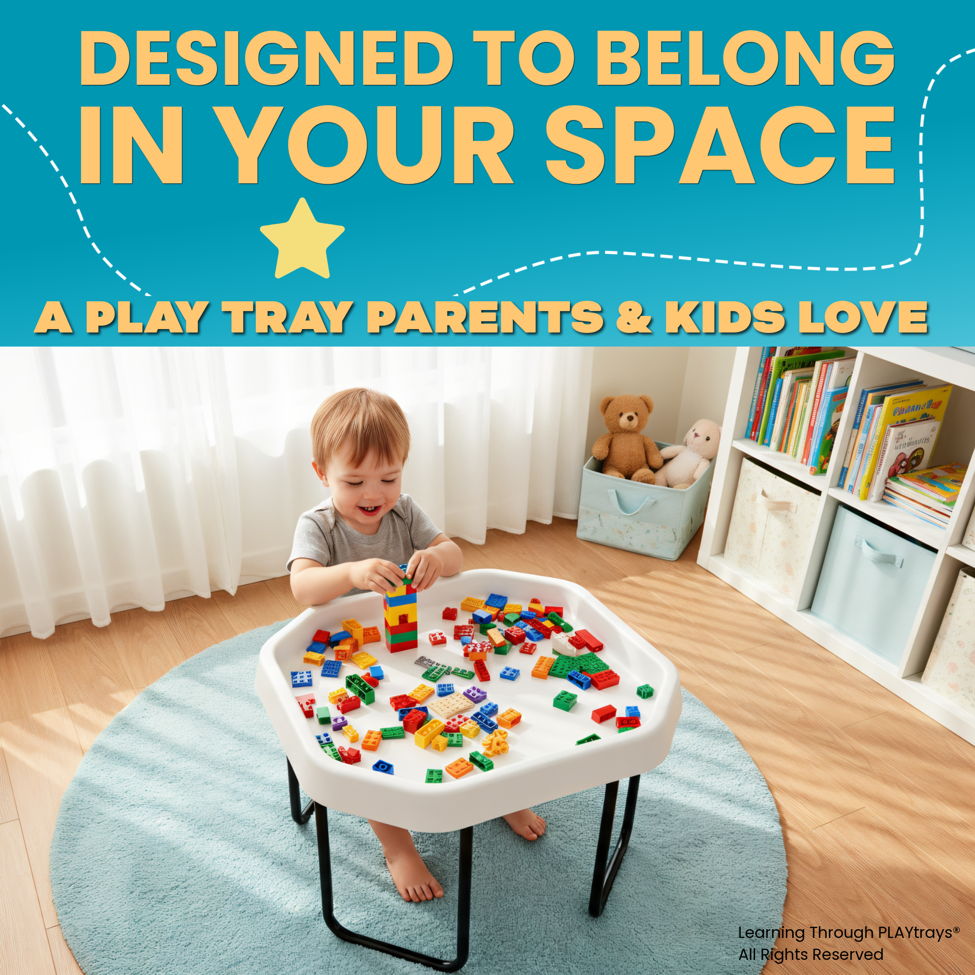 Child playing with colorful building blocks on a white play tray in a room with books and a teddy bear.