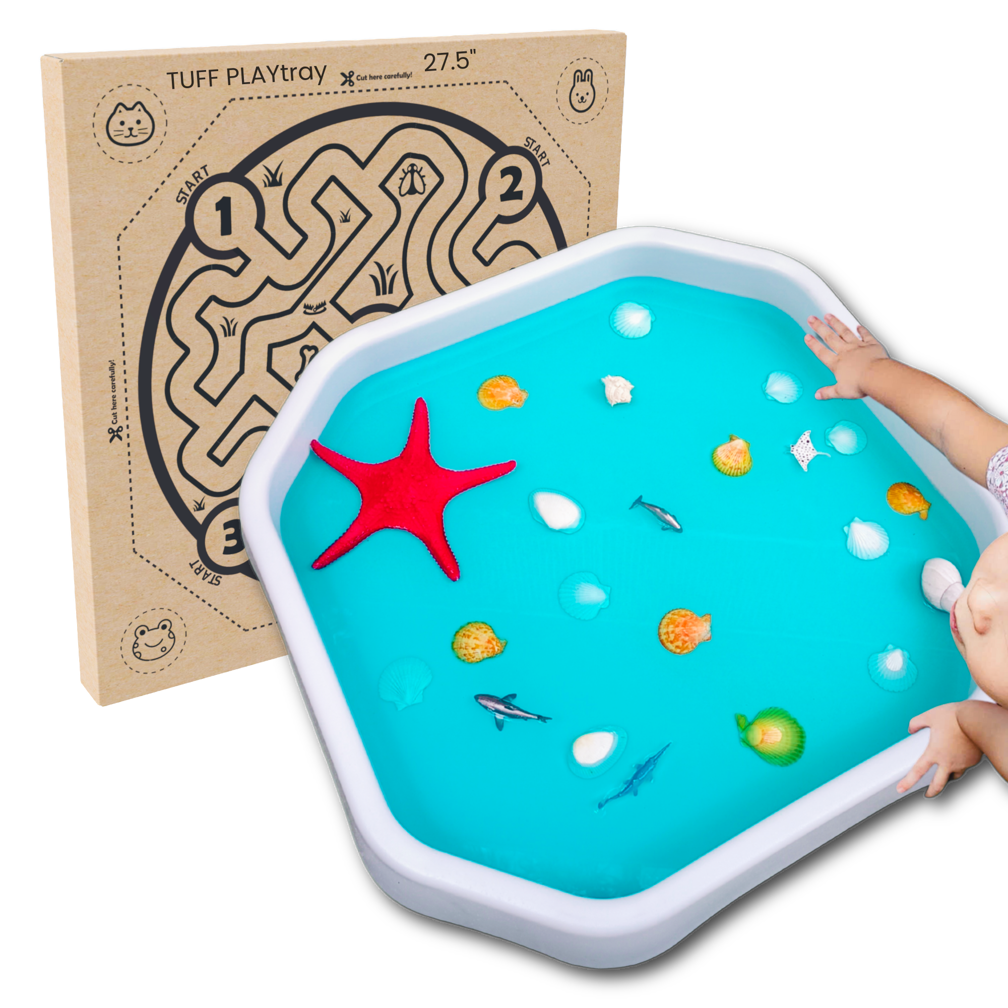 Children's play tray with ocean-themed items and a tuff tray maze board next to it.