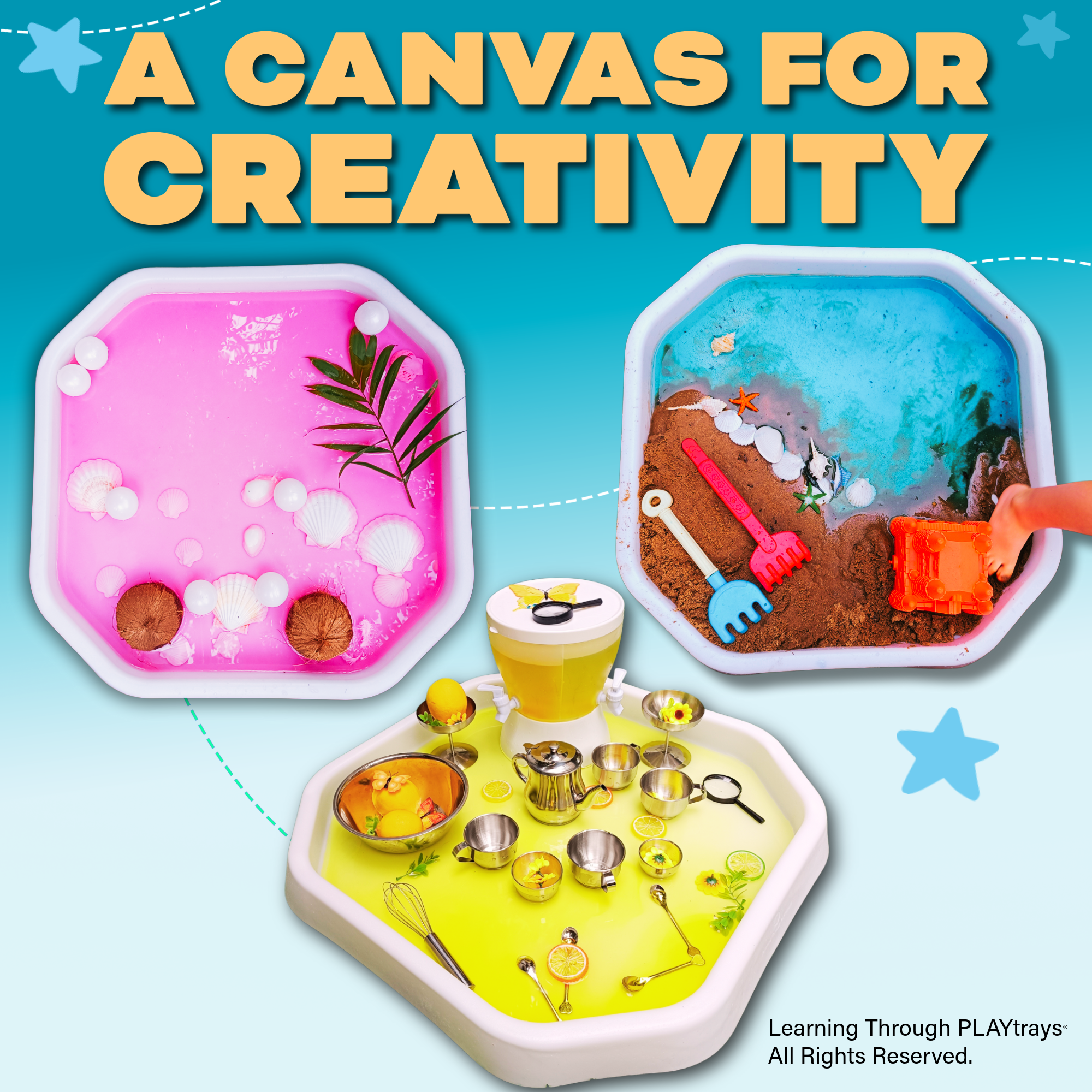 Three colorful trays with play materials on a blue background, labeled 'A Canvas for Creativity'.